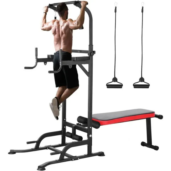 Versatile Home Gym Tower with Bench Pull-Up Bar Dip Station